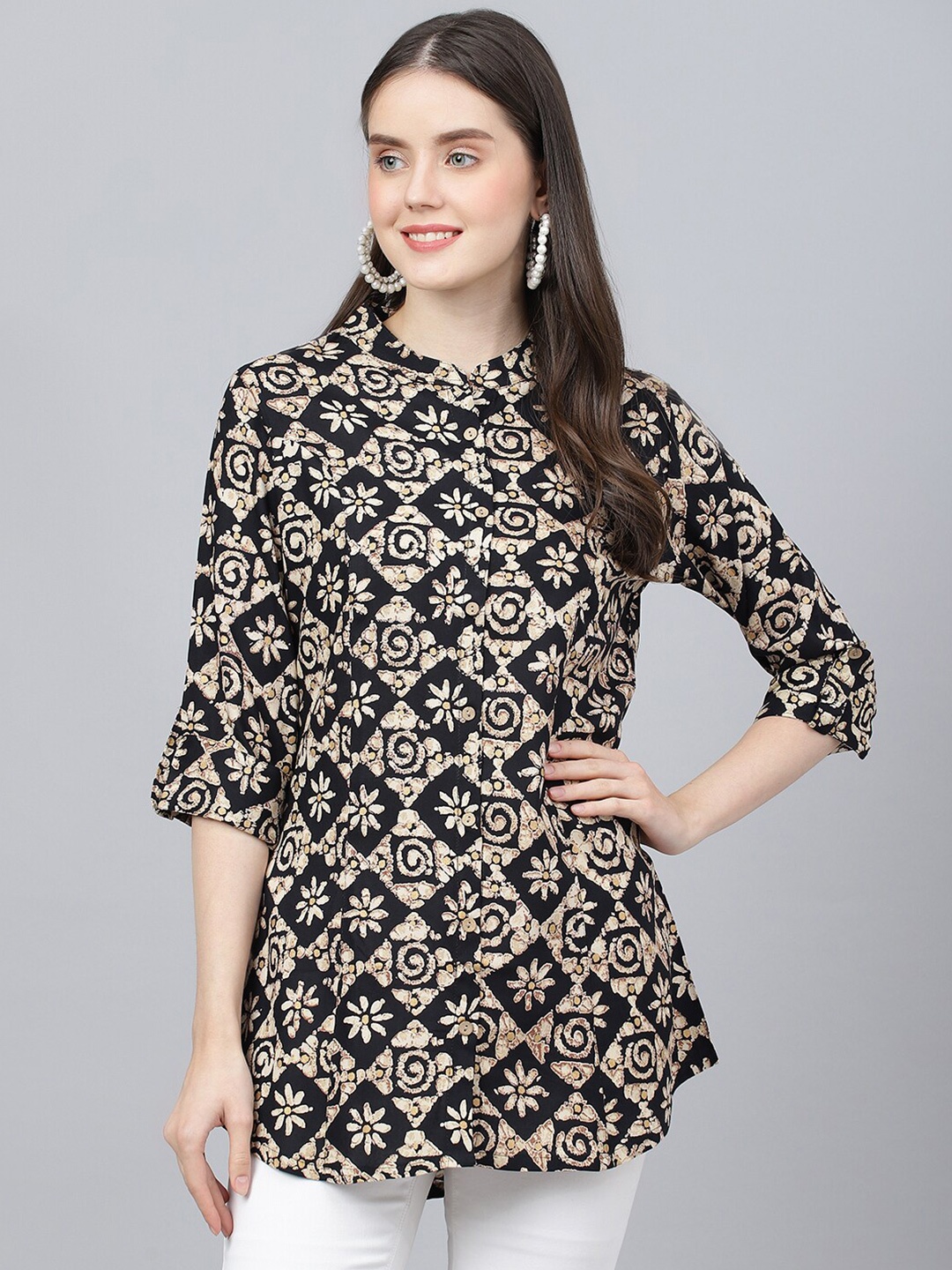 

Divena Printed Mandarin Collar Roll-Up Sleeves Shirt Style Top, Black
