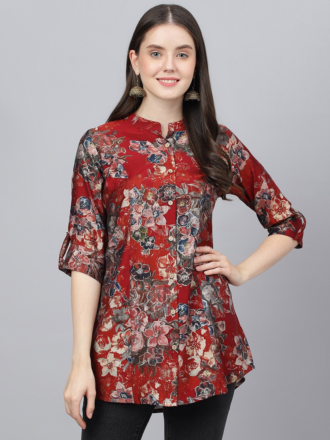 

Divena Floral Printed Mandarin Collar Roll-Up Sleeves Shirt Style Top, Maroon