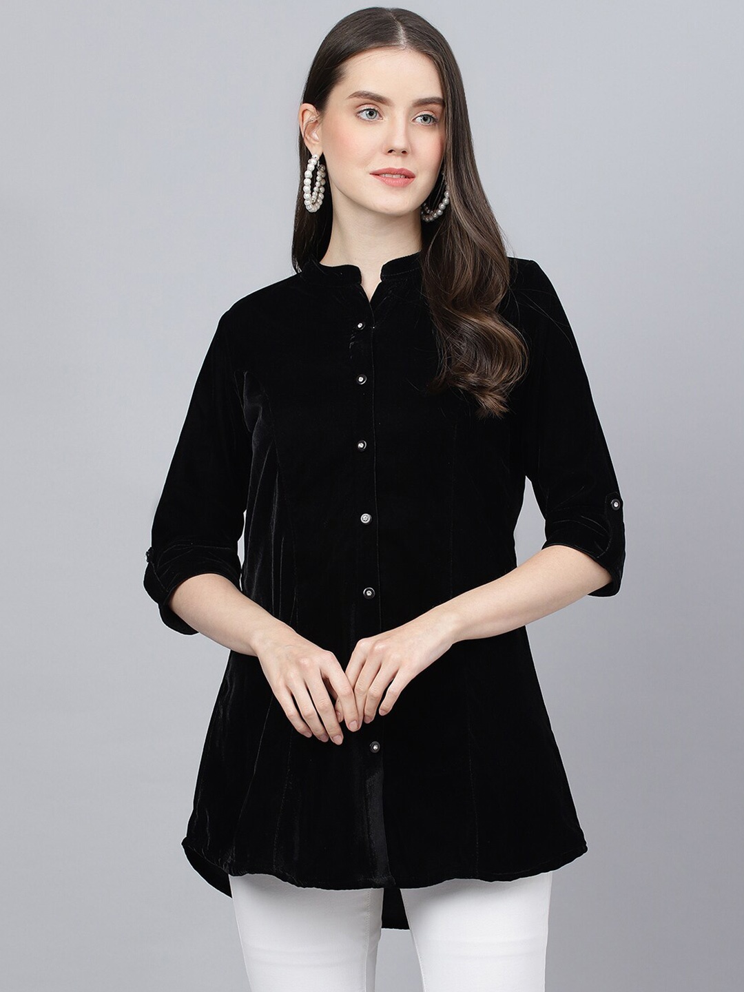 

Divena Mandarin Collar Roll-Up Sleeves Velvet Top, Black