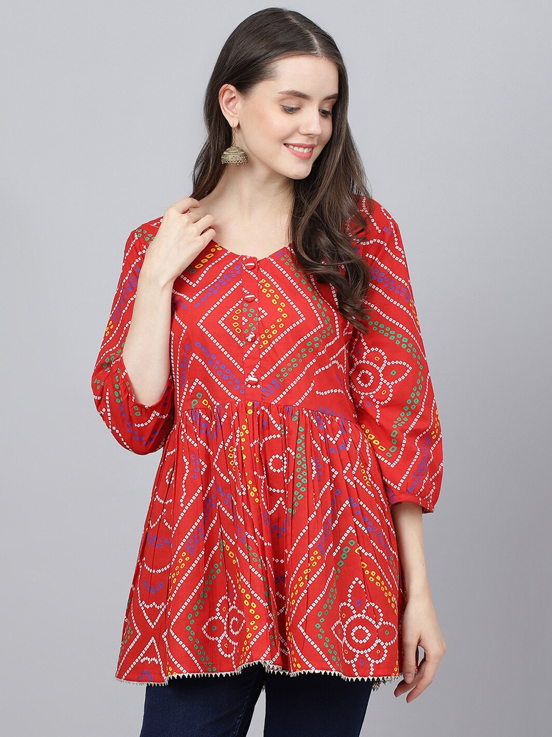 

Divena Round Neck Print Cotton Top, Red