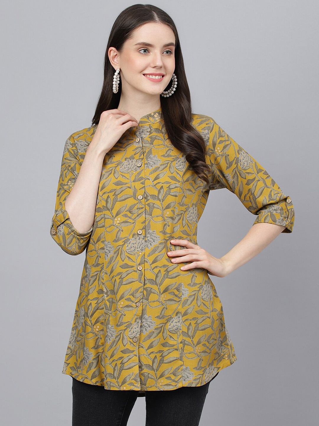 

Divena Floral Print Mandarin Collar Shirt Style Longline Top, Mustard