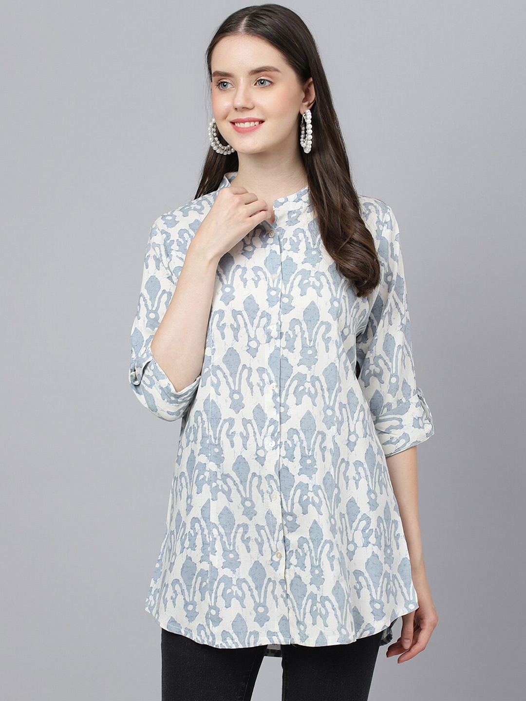 

Divena Print Mandarin Collar Roll-Up Sleeves Shirt Style Longline Top, Off white