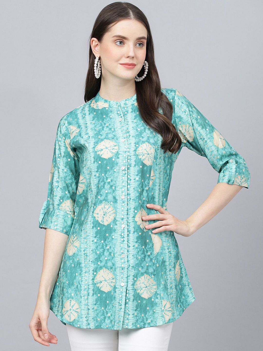 

Divena Tie and Dye Mandarin Collar Roll-Up Sleeves Shirt Style Top, Sea green