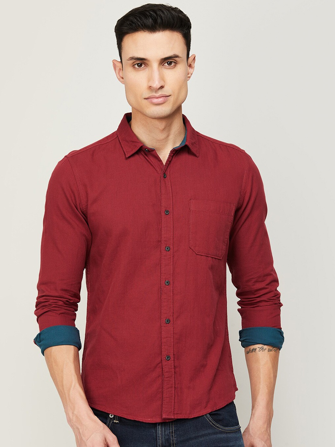 

Bossini Men Comfort Slim Fit Printed Casual Shirt, Red