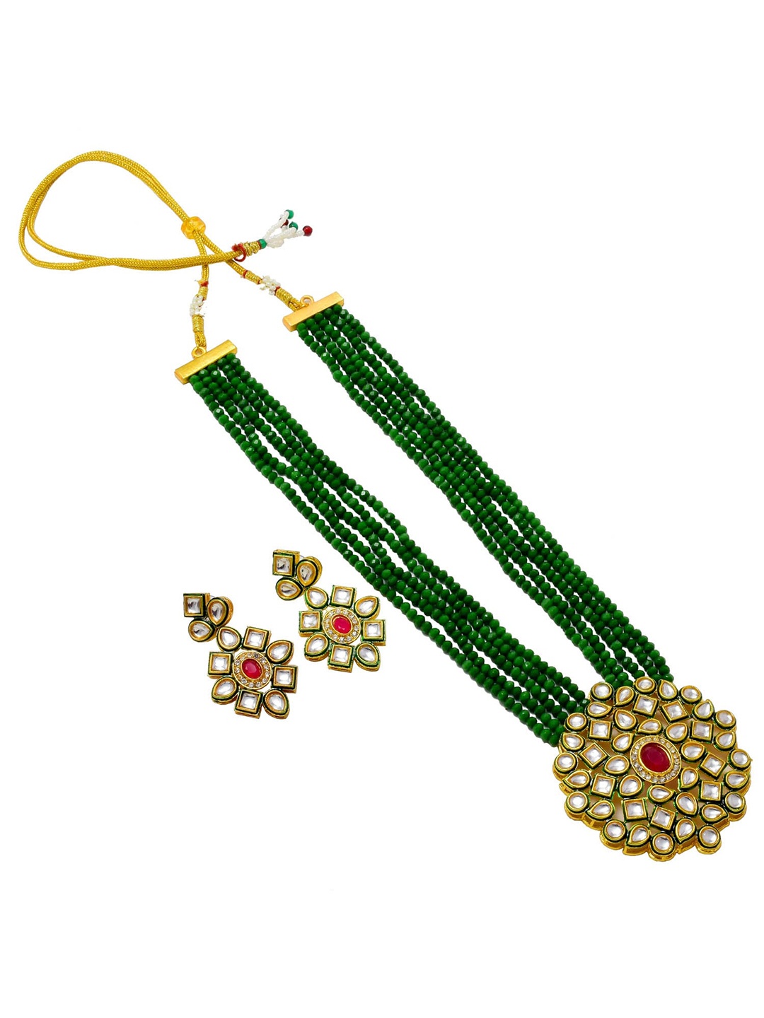 

Jewar Mandi Gold-Plated Kundan-Studded & Beaded Jewellery Set, Green