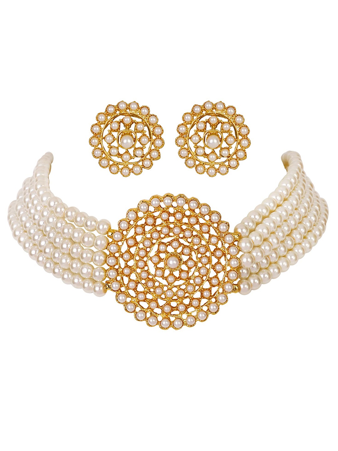 

Jewar Mandi Gold-Plated Pearl Studded and Artificial Beaded Jewellery Set, White