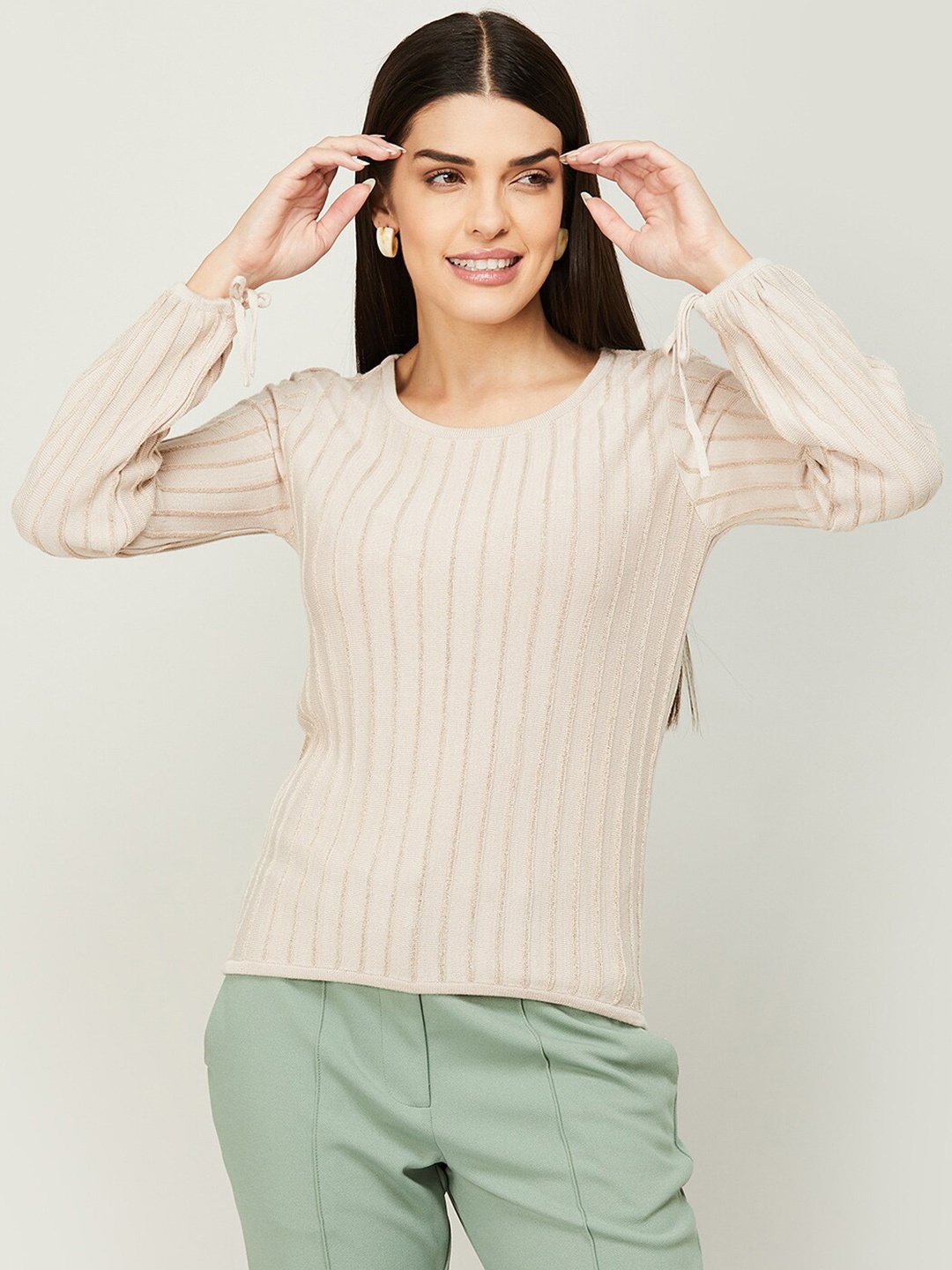 

CODE by Lifestyle Women Striped Round Neck Sweatshirt, Beige