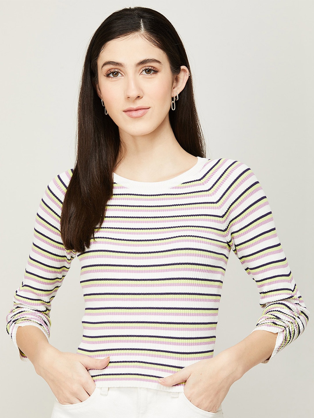 

Ginger by Lifestyle Round Neck Striped Sweatshirt, White