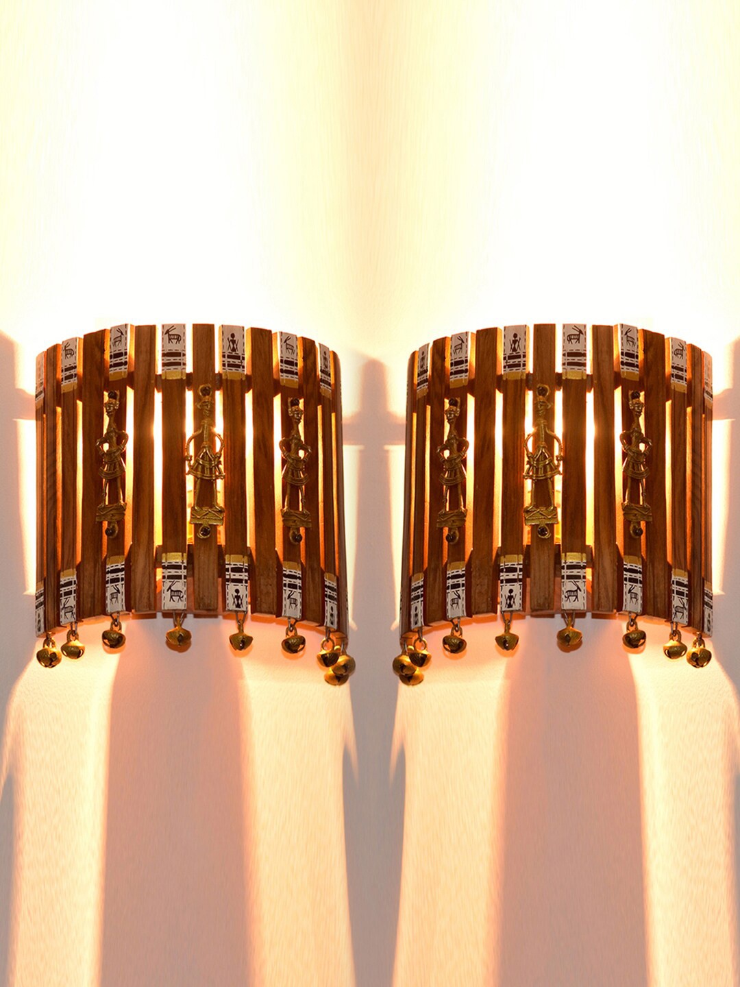 

ExclusiveLane Set Of 2 Brown & Gold-Toned Warli Dhokra Art Flush Mount Wooden Lamps
