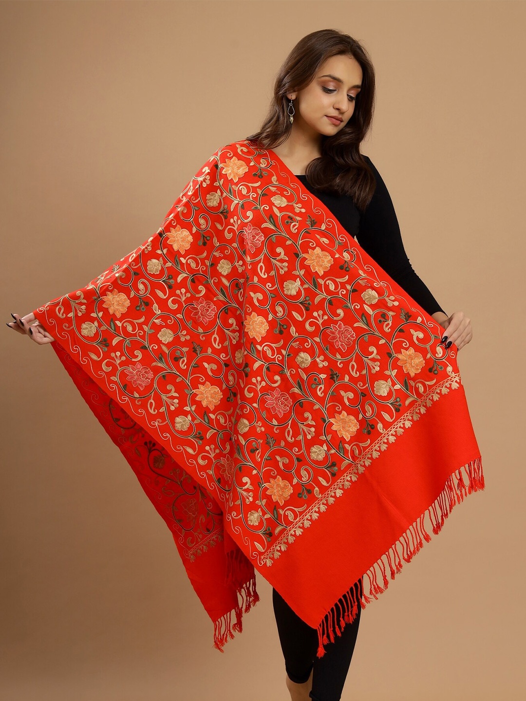 

HANDICRAFT PALACE Women Red & Green Embroidered Stole