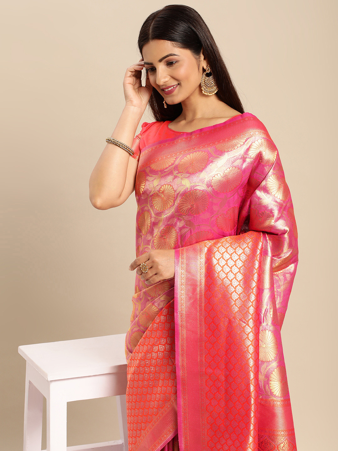 

AA-HA Ethnic Motifs Zari Silk Cotton Banarasi Saree, Orange