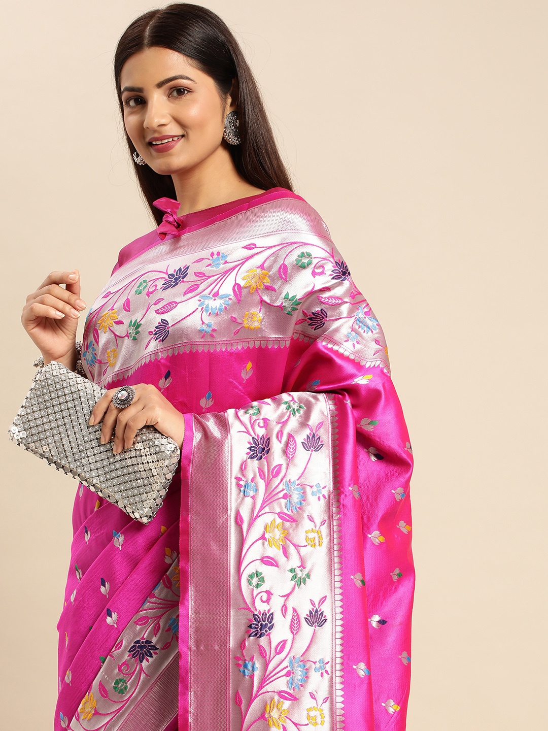

AA-HA Ethnic Motifs Zari Paithani Saree, Pink