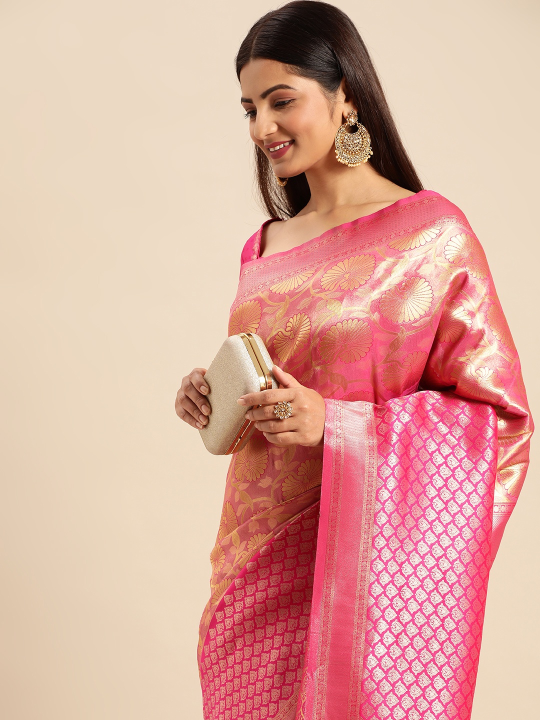 

AA-HA Ethnic Motifs Zari Silk Cotton Banarasi Saree, Pink