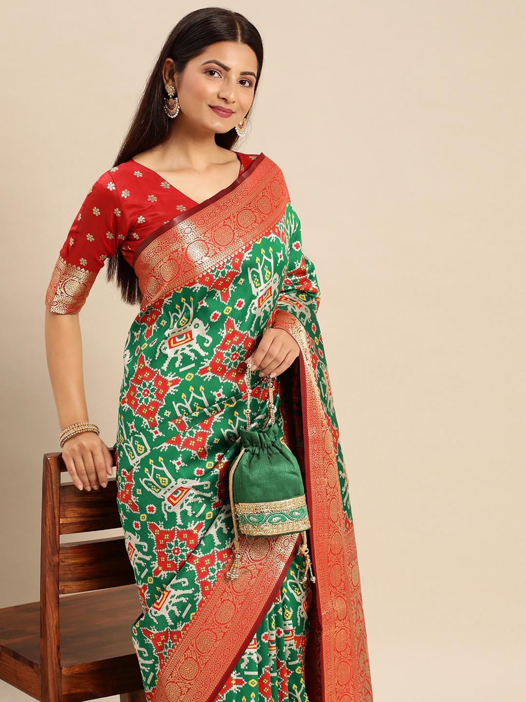 

AA-HA Ethnic Motifs Zari Silk Cotton Patola Saree, Green