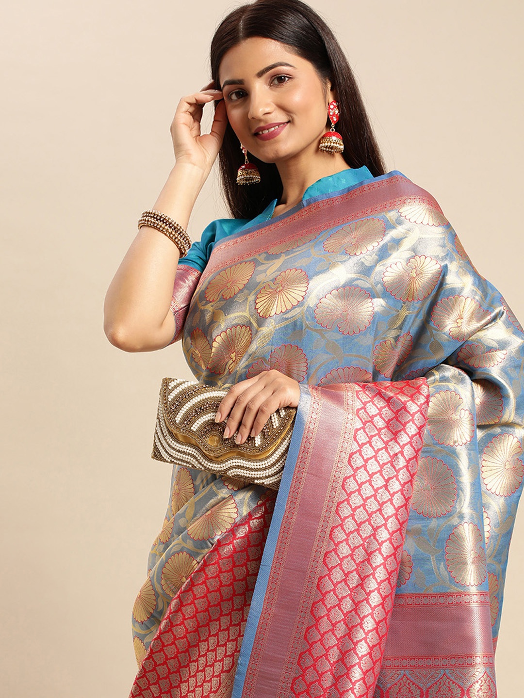 

AA-HA Ethnic Motifs Zari Silk Cotton Banarasi Saree, Blue