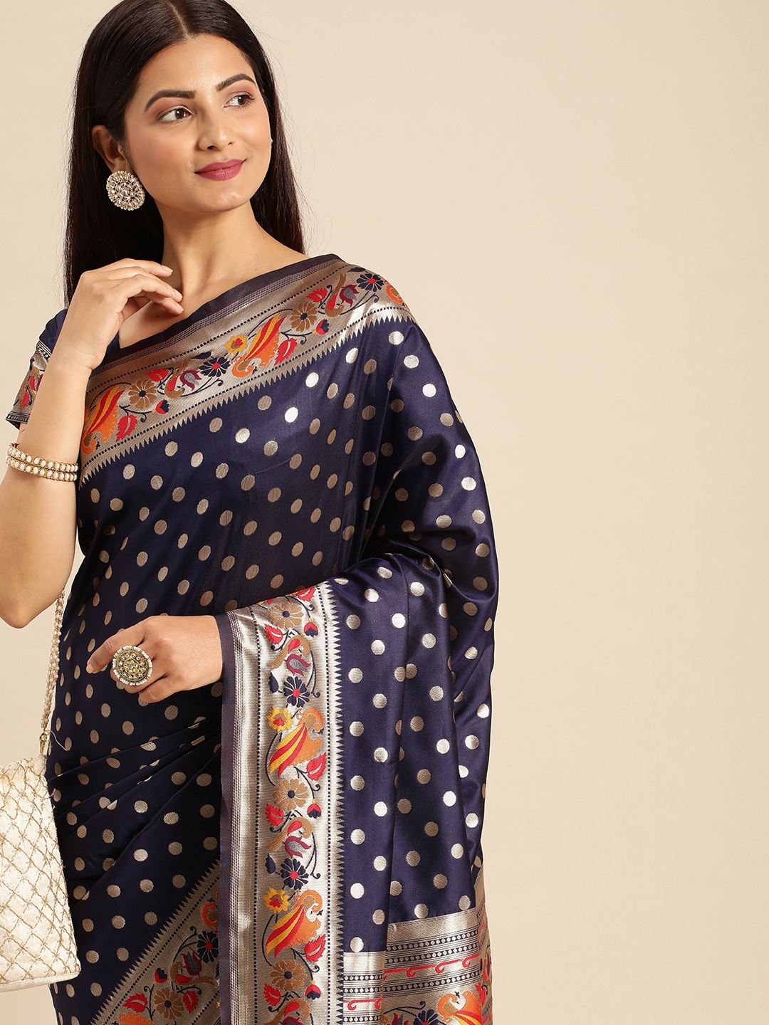 

AA-HA Zari Silk Cotton Banarasi Saree, Navy blue