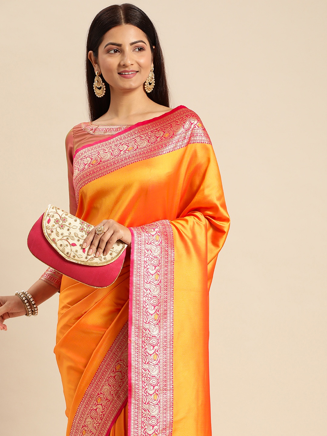 

AA-HA Zari Silk Cotton Banarasi Saree, Orange