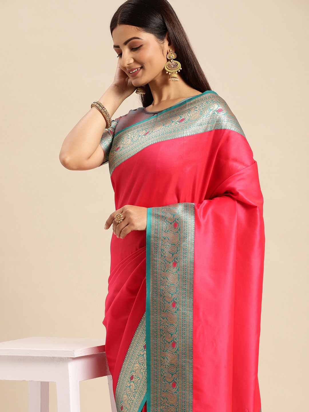 

AA-HA Zari Silk Cotton Banarasi Saree, Pink
