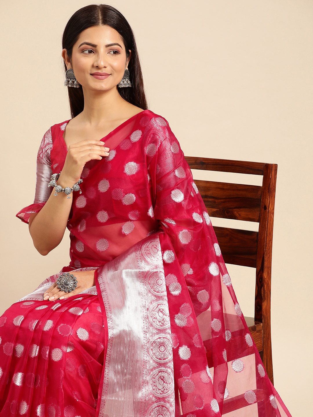 

AA-HA Ethnic Motifs Zari Organza Bandhani Saree, Pink