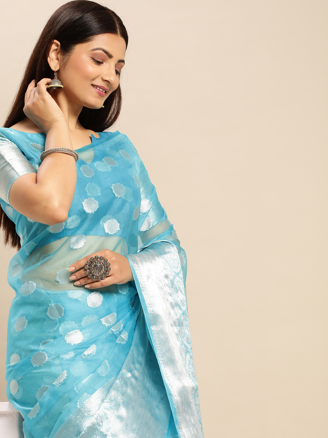 

AA-HA Ethnic Motifs Zari Organza Bandhani Saree, Blue