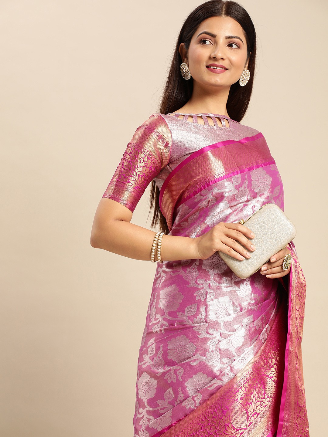 

AA-HA Ethnic Motifs Zari Silk Cotton Banarasi Saree, Purple