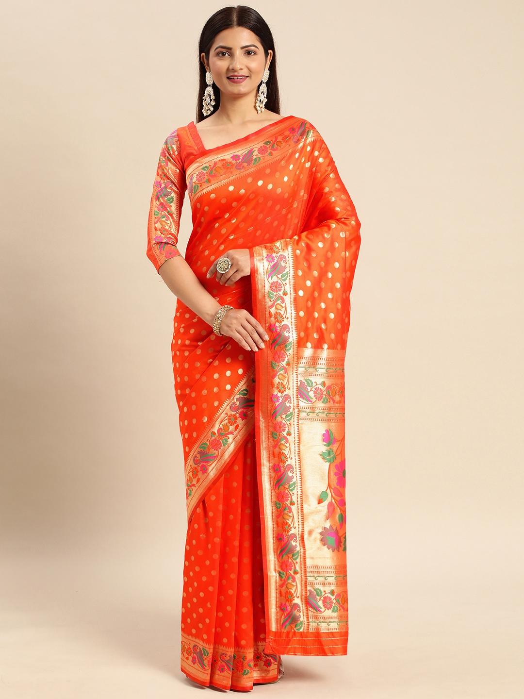 

AA-HA Zari Silk Cotton Banarasi Saree, Orange