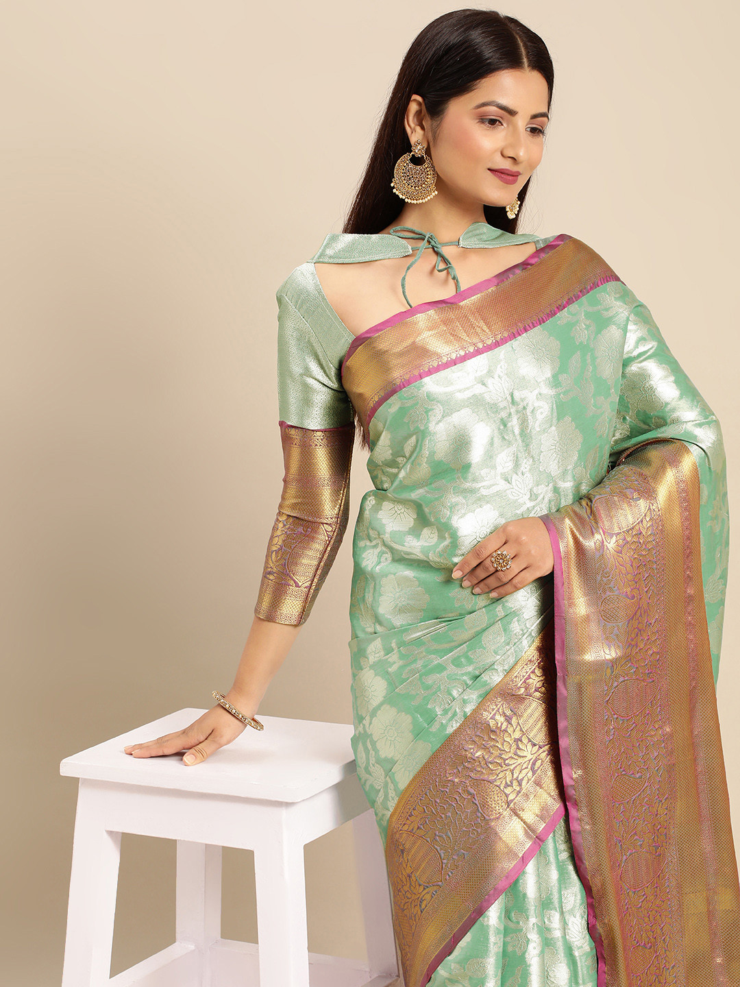 

AA-HA Ethnic Motifs Zari Silk Cotton Banarasi Saree, Green