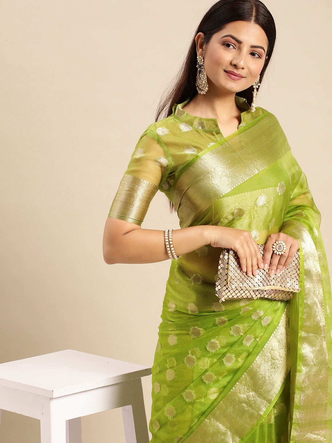 

AA-HA Ethnic Motifs Zari Organza Bandhani Saree, Green