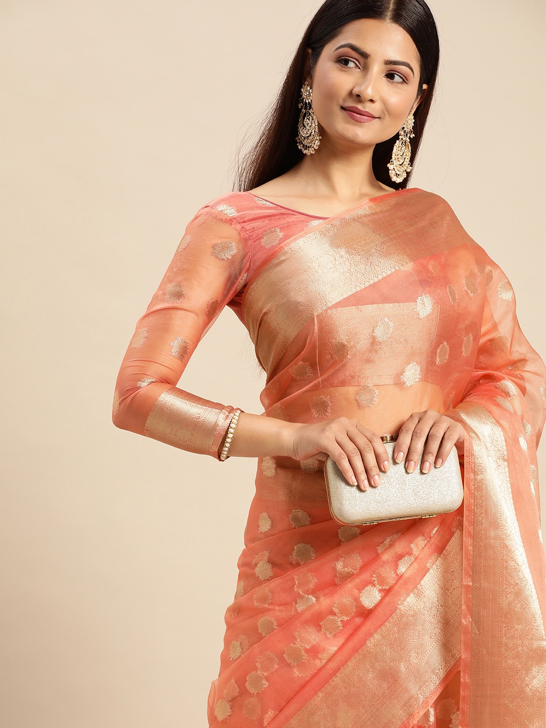 

AA-HA Ethnic Motifs Zari Organza Bandhani Saree, Peach