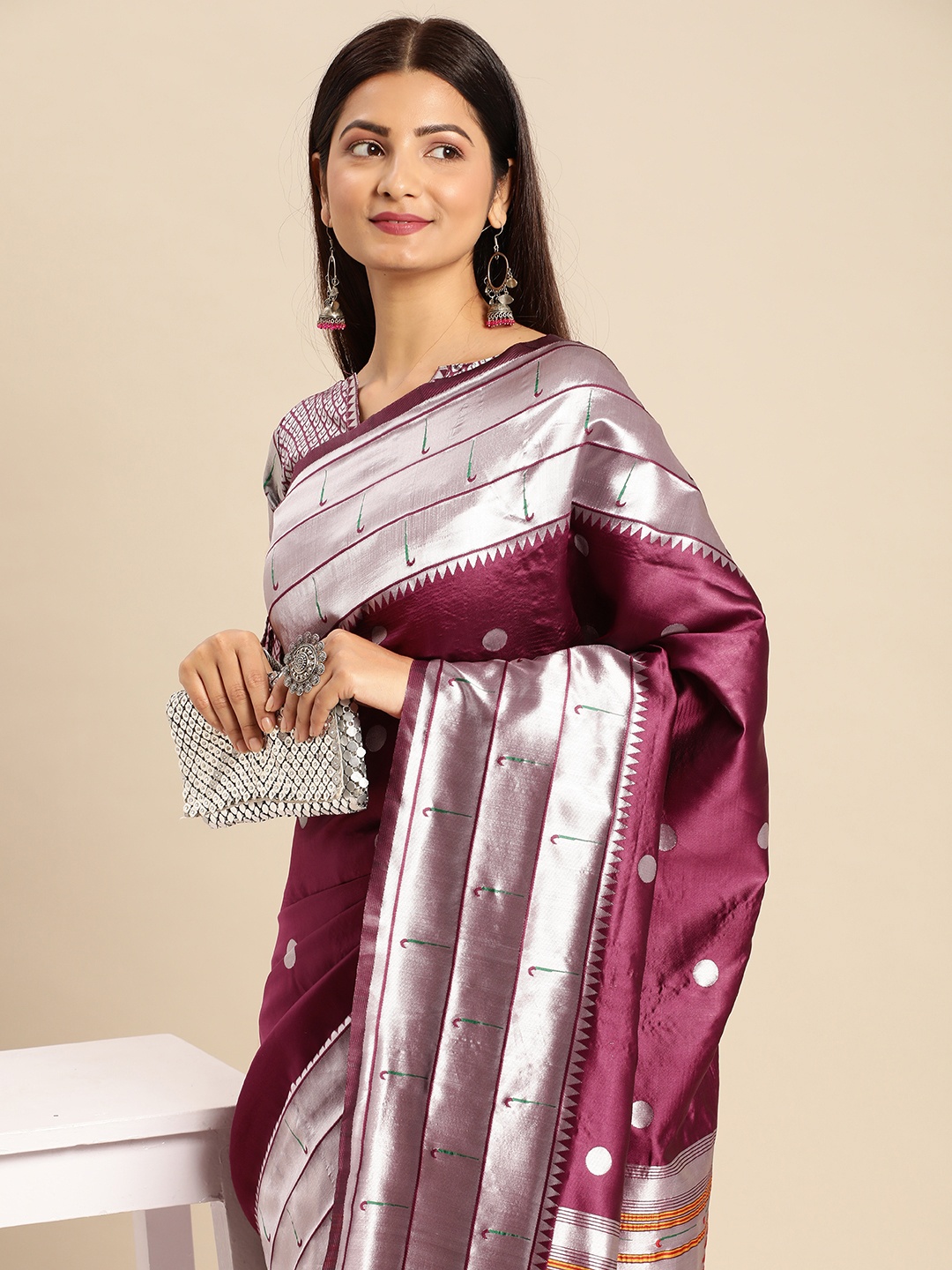 

AA-HA Woven Design Zari Paithani Saree, Burgundy