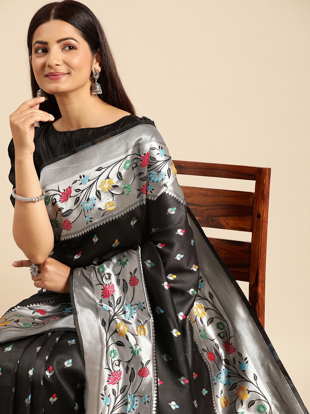 

AA-HA Ethnic Motifs Zari Paithani Saree, Black
