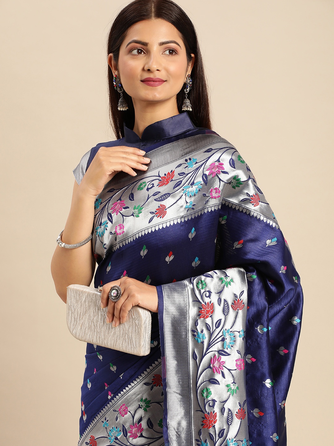 

AA-HA Ethnic Motifs Zari Paithani Saree, Navy blue