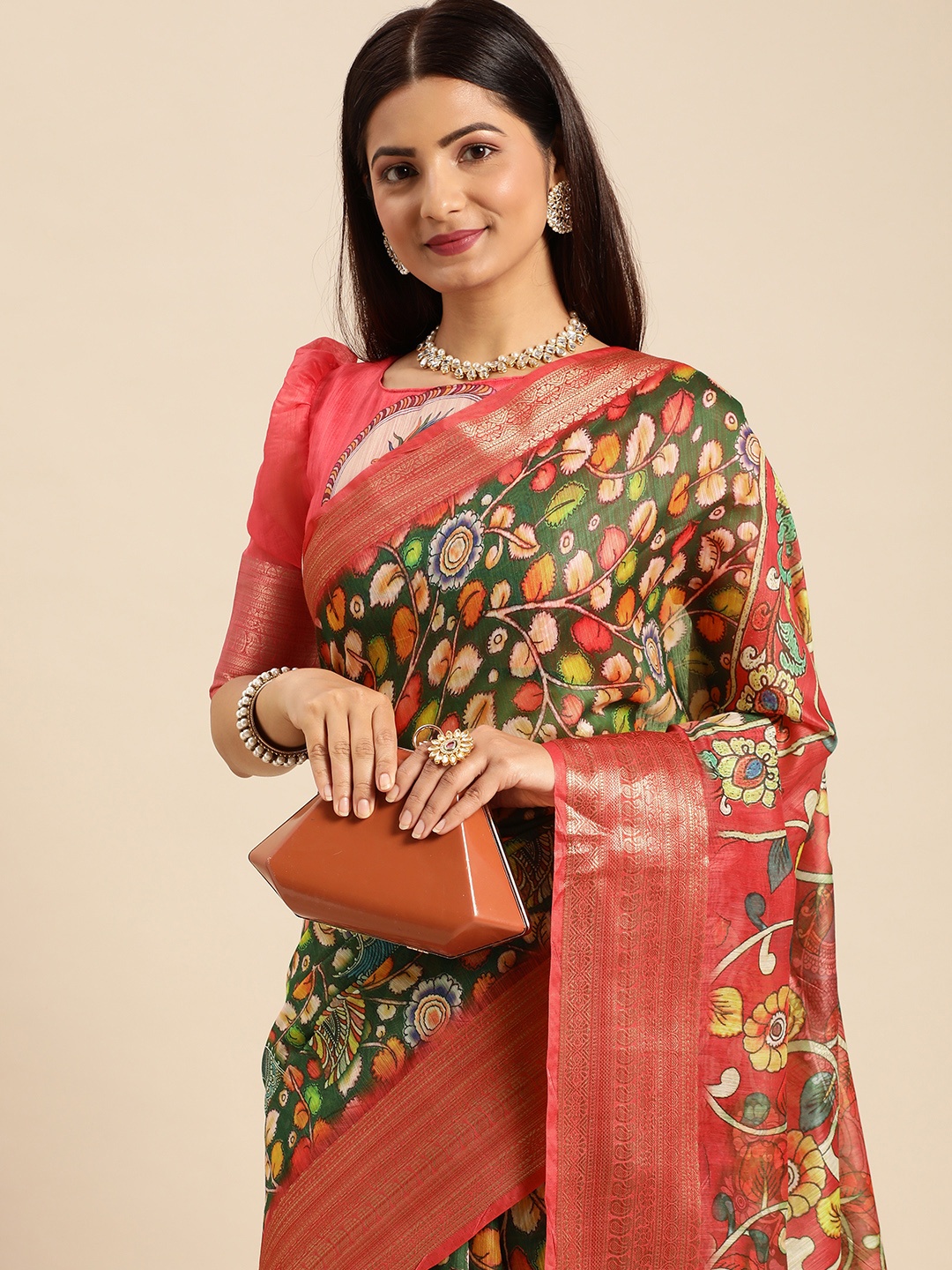 

AA-HA Floral Zari Silk Cotton Bhagalpuri Saree, Green