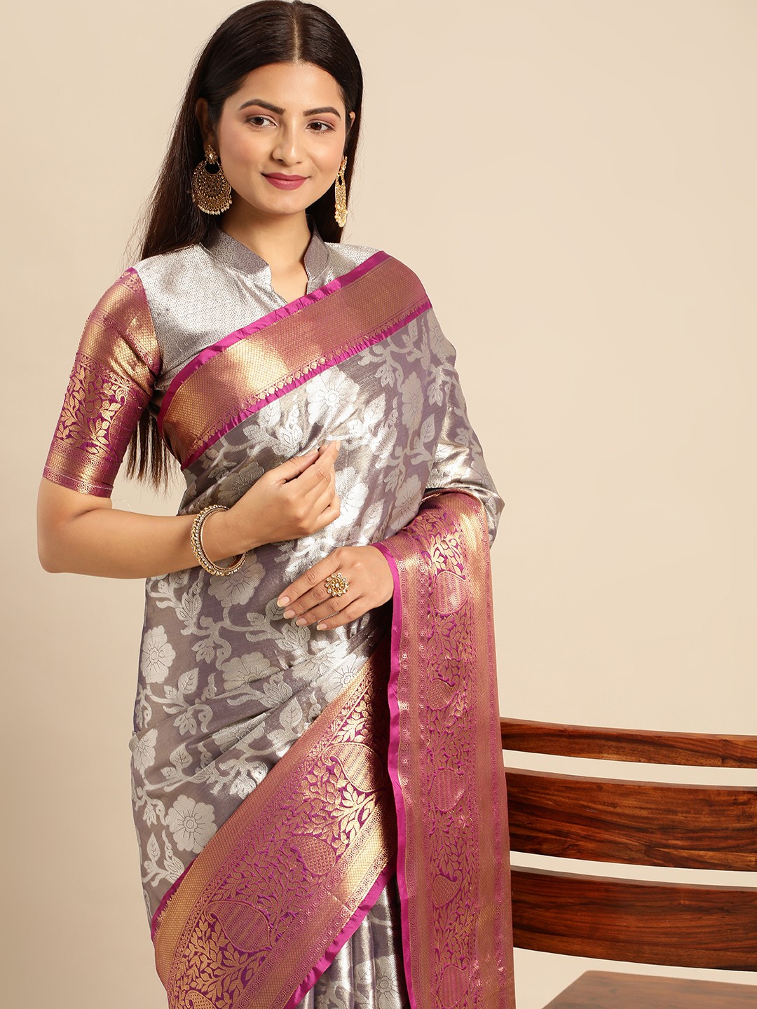 

AA-HA Ethnic Motifs Zari Silk Cotton Banarasi Saree, Brown
