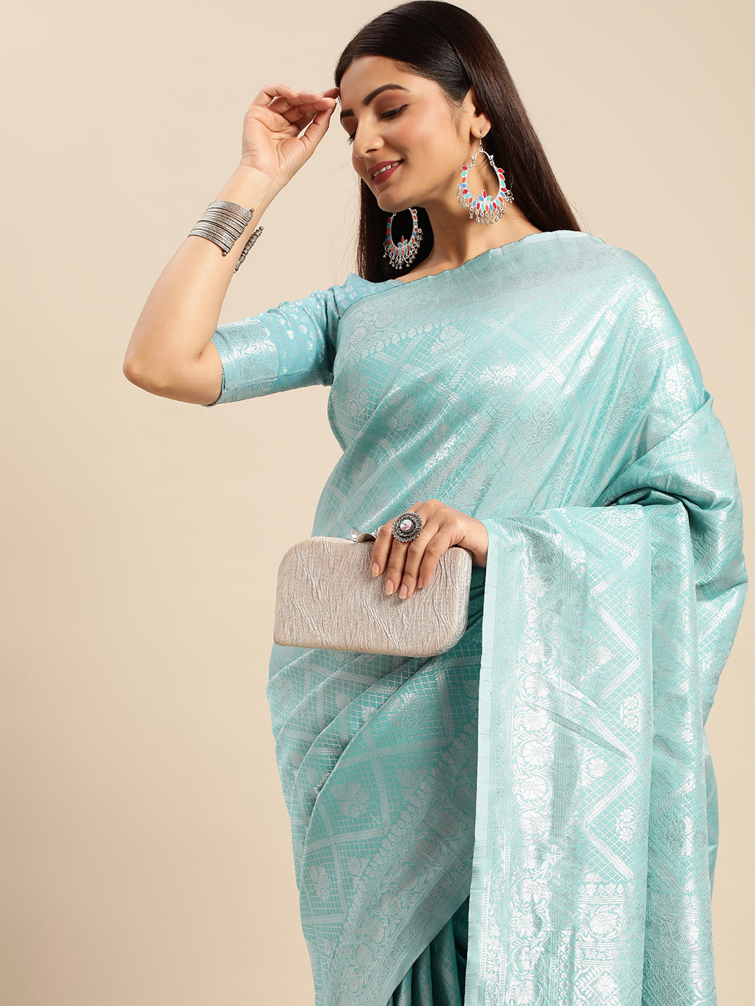 

AA-HA Ethnic Motifs Zari Silk Cotton Banarasi Saree, Blue