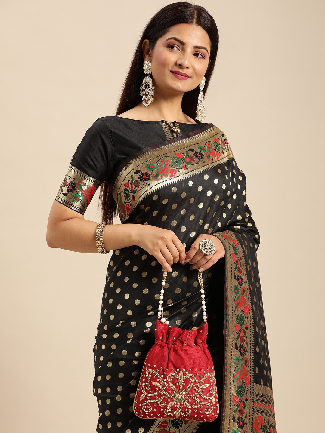 

AA-HA Zari Silk Cotton Banarasi Saree, Black