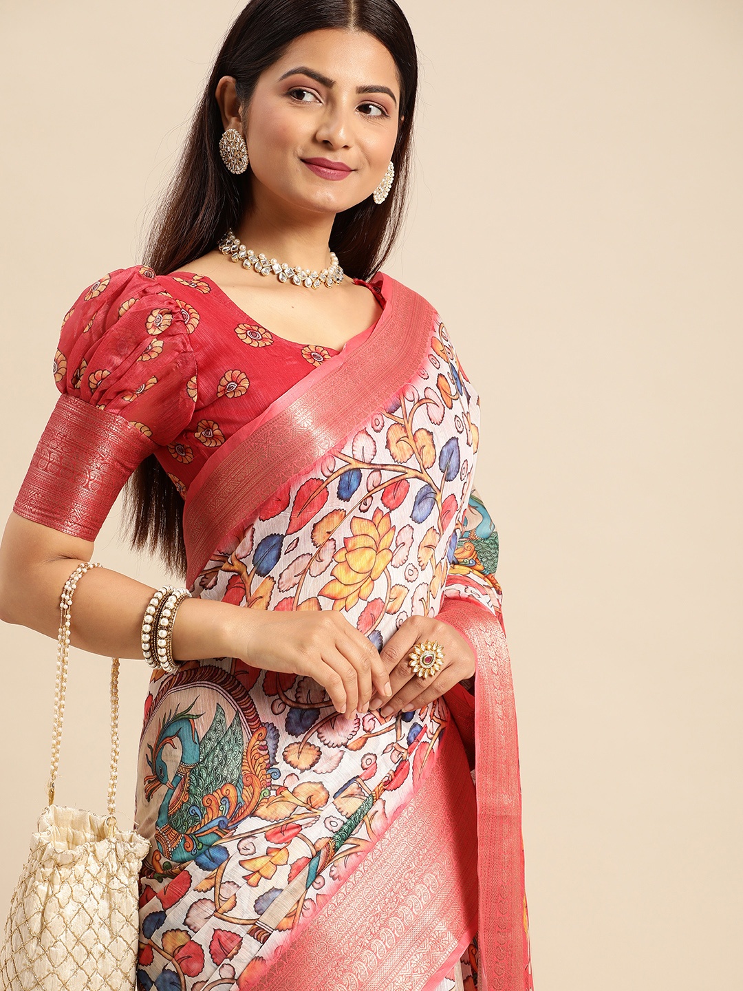 

AA-HA Floral Zari Silk Cotton Bhagalpuri Saree, Peach