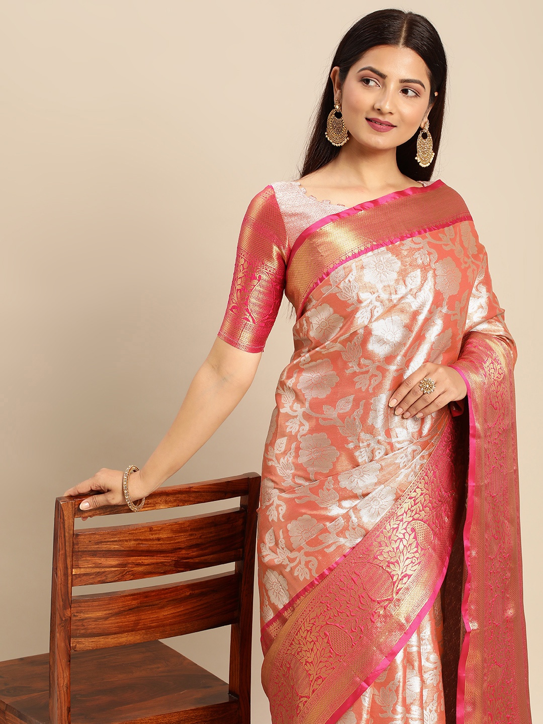 

AA-HA Floral Zari Silk Cotton Banarasi Saree, Orange