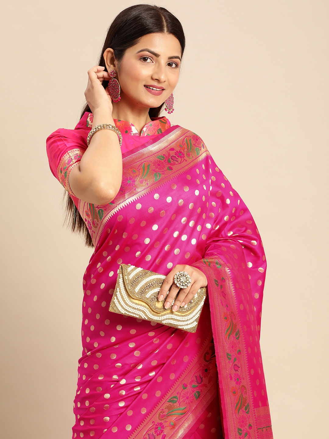 

AA-HA Zari Silk Cotton Banarasi Saree, Pink