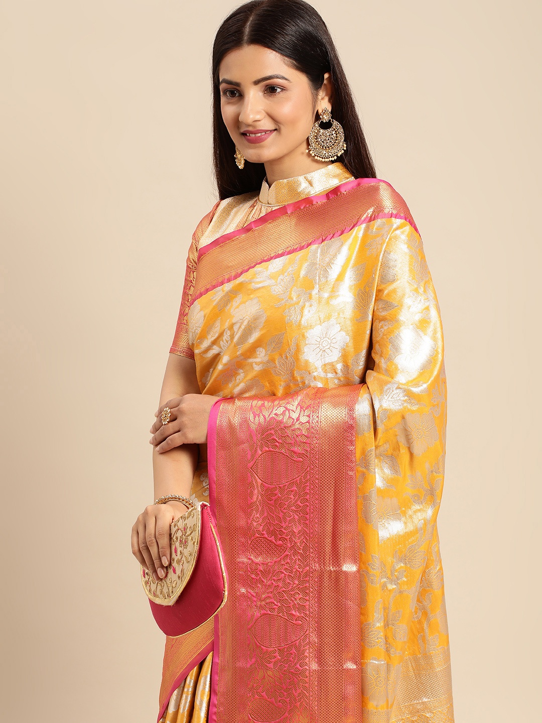 

AA-HA Ethnic Motifs Zari Silk Cotton Banarasi Saree, Yellow