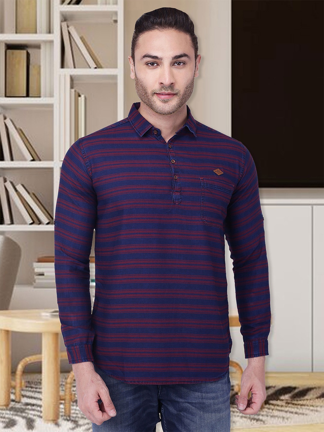

Kuons Avenue Men Striped Denim Kurta, Maroon