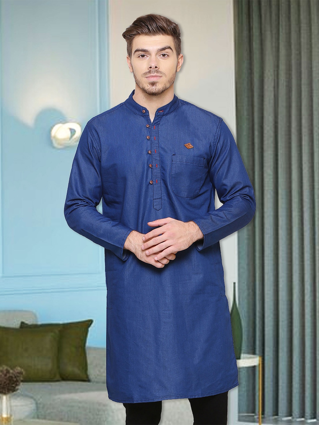 

Kuons Avenue Mandarin Collar Denim Kurta, Blue