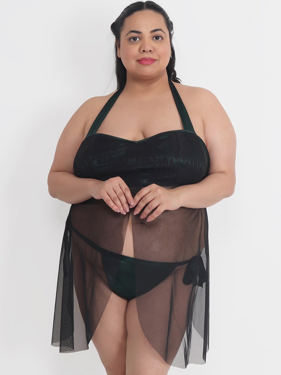 

Klamotten Plus size Satin Halter Neck Baby Doll with Asymmetric, Black