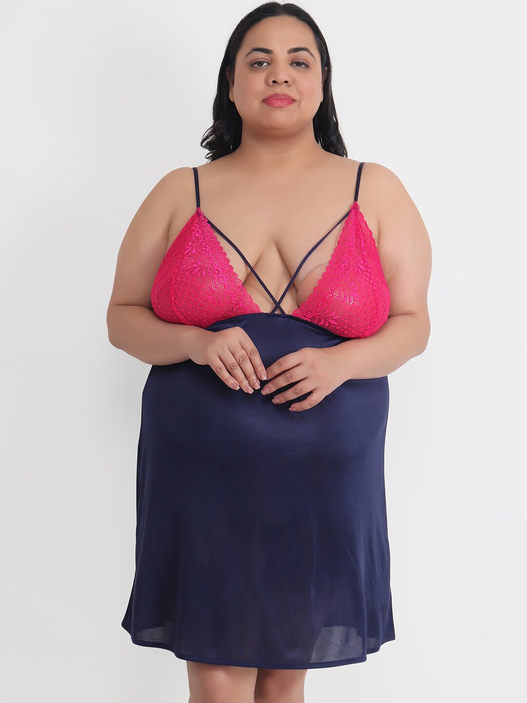 

Klamotten Plus Size Satin Halter Neck Baby Doll, Navy blue