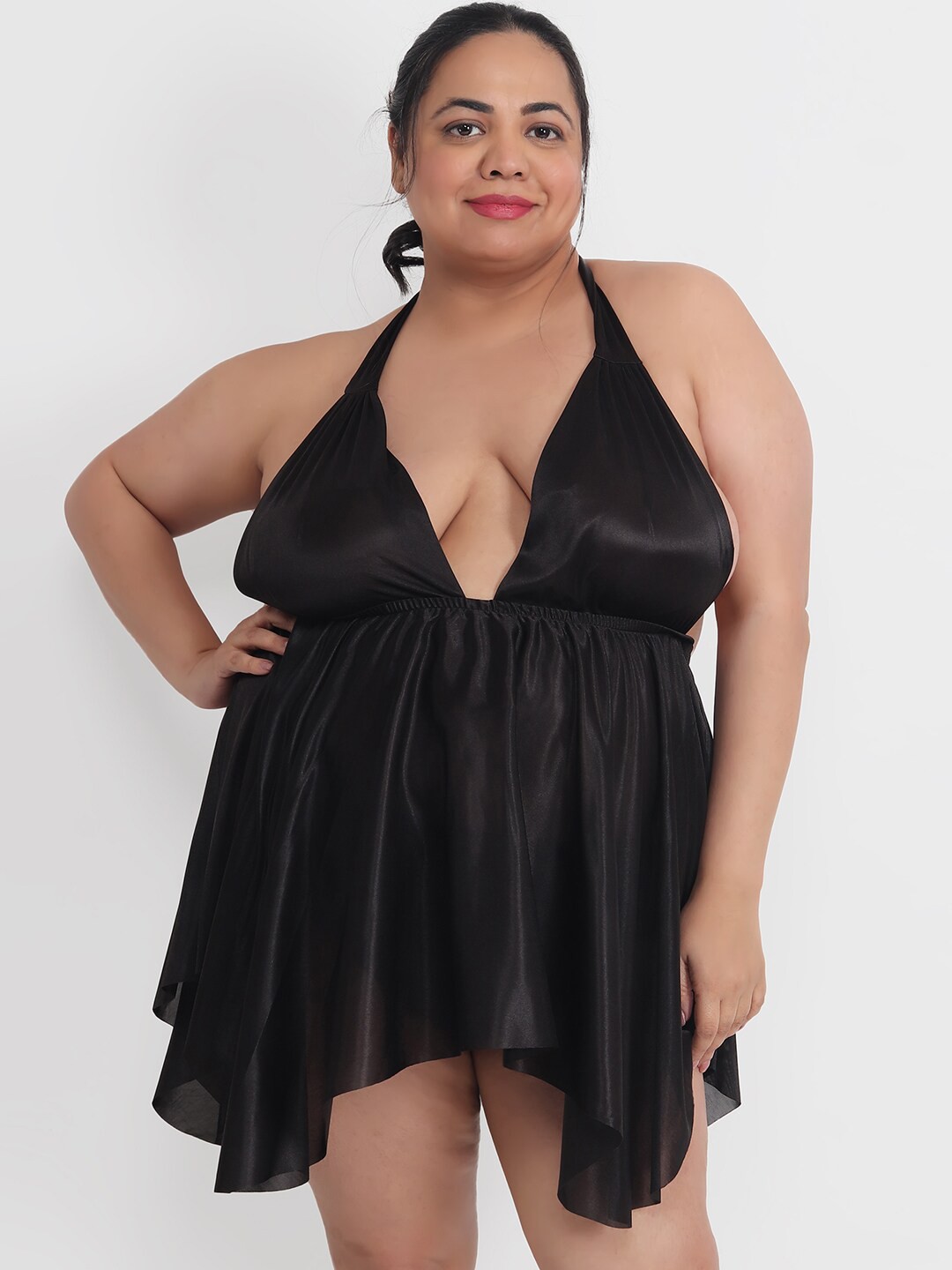

Klamotten Plus size Satin Halter Neck Baby Doll with Asymmetric, Black