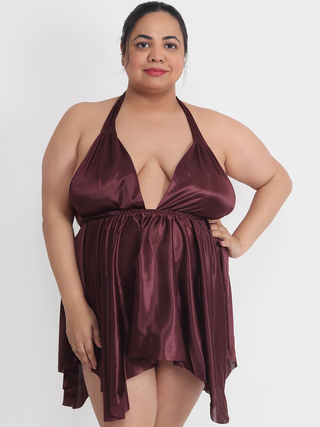 

Klamotten Satin Halter Neck Baby Doll with Asymmetric, Burgundy