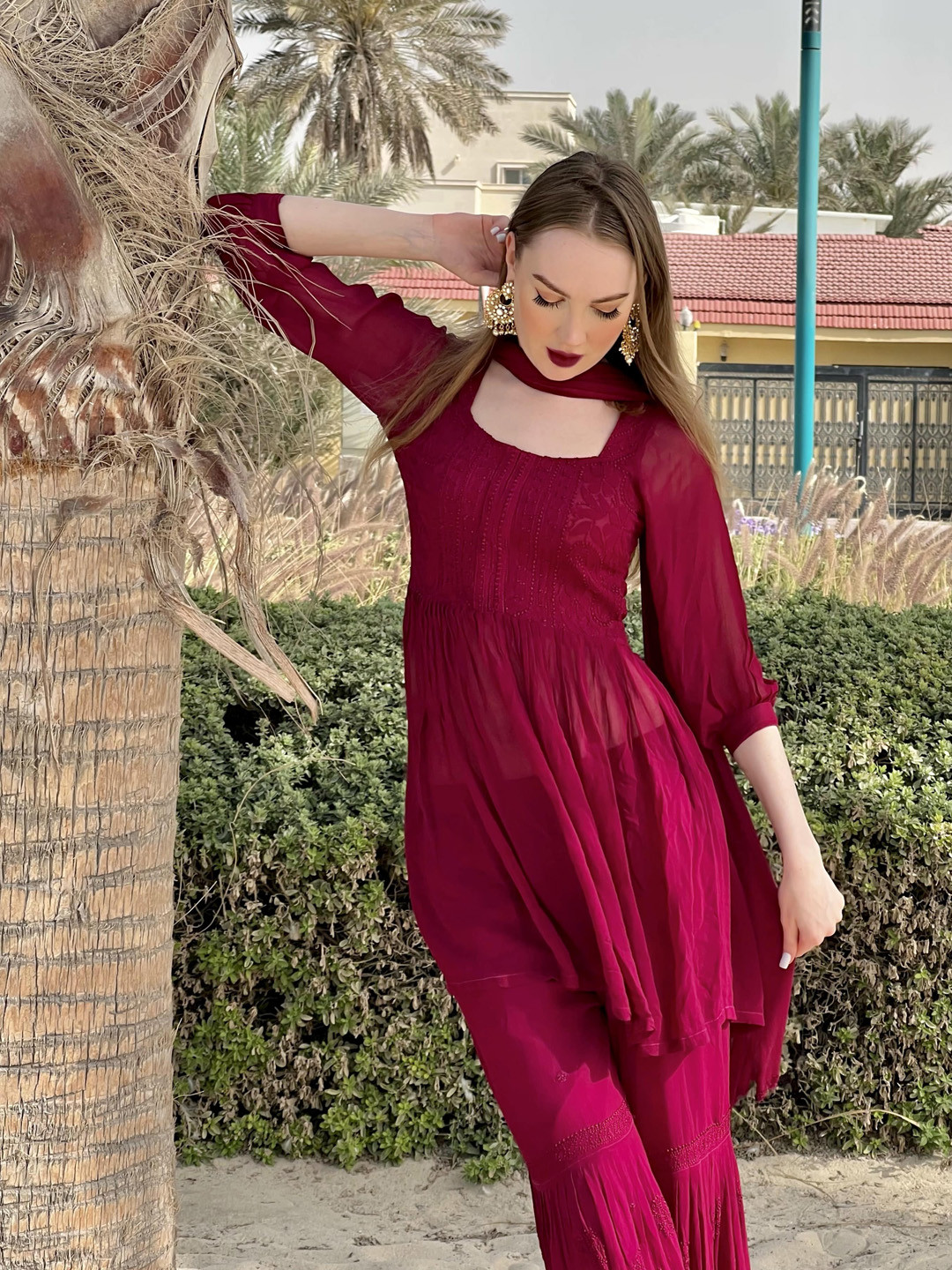 

LABEL AISHWARYRIKA Floral Chikankari Embroidered Pleated Kurti, Maroon