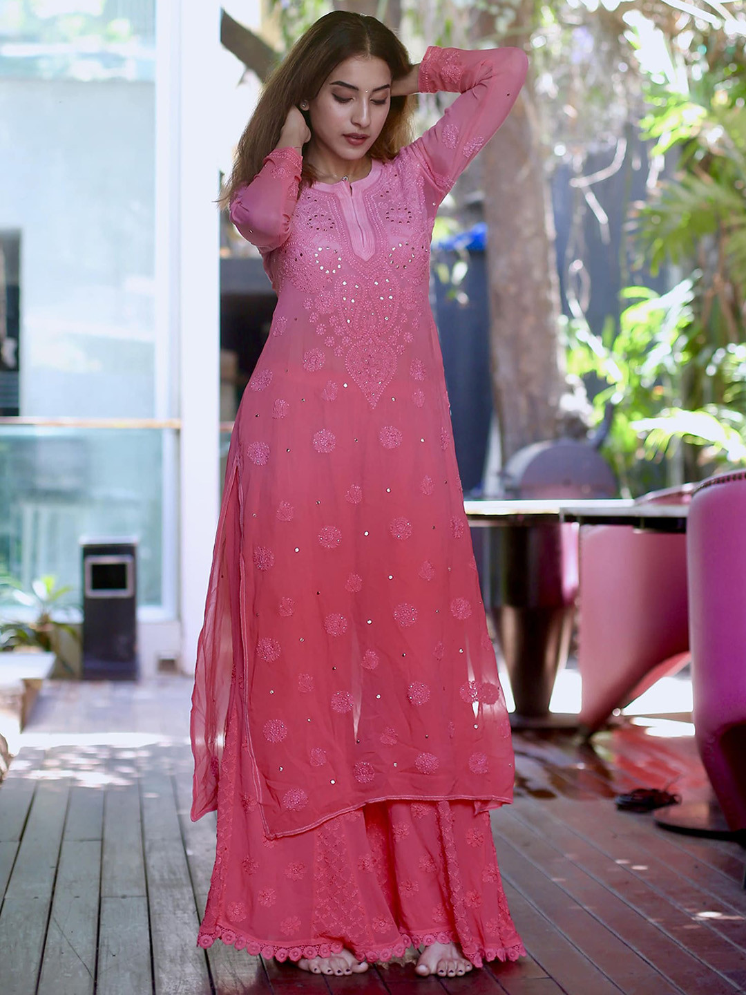 

LABEL AISHWARYRIKA Women Pink Ombre Embroidered Thread Work Silk Georgette Kurta with Palazzos & With