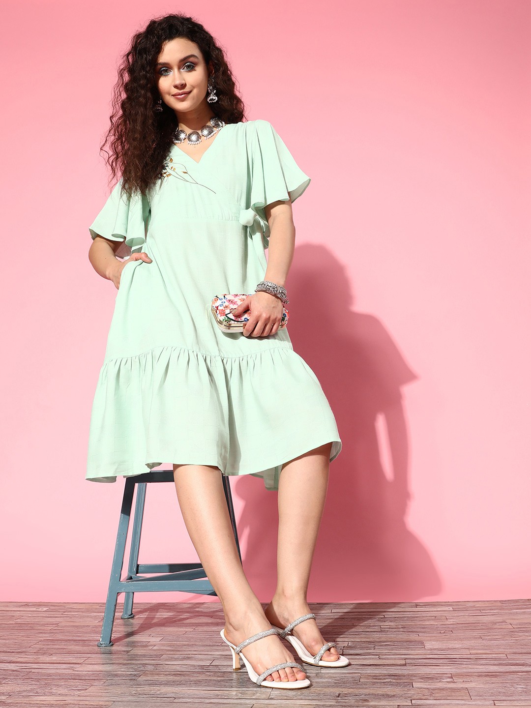 

Yufta Sea Green Floral Embroidered Flared Sleeves Tiered Wrap Dress
