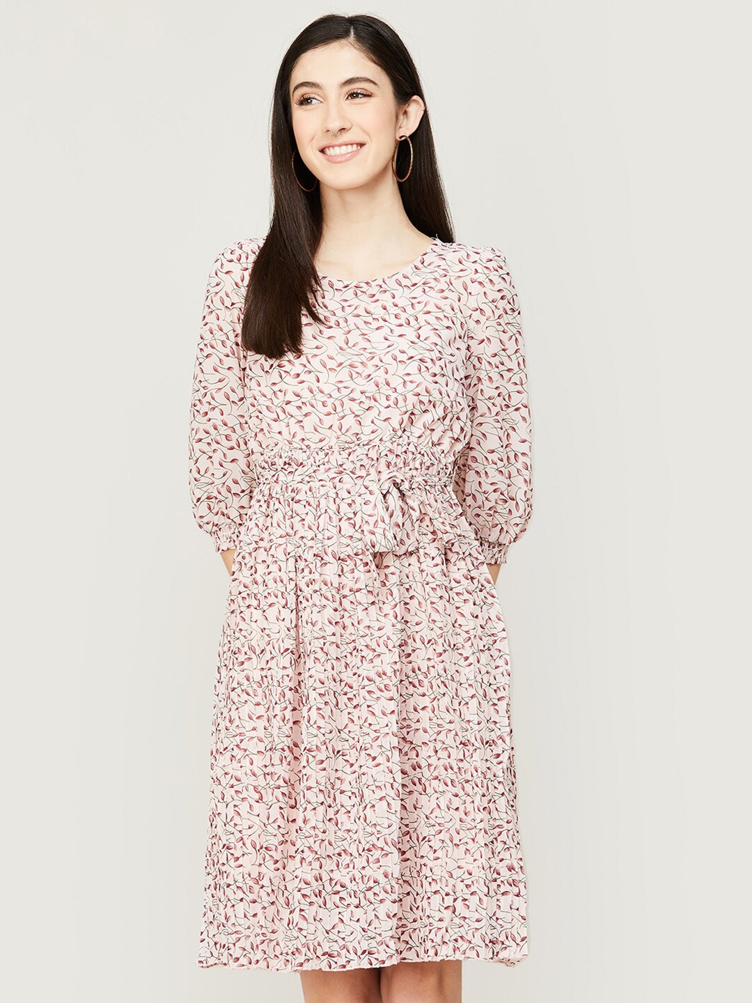 

CODE by Lifestyle Floral Printed Round Neck A-Line Dress, Peach